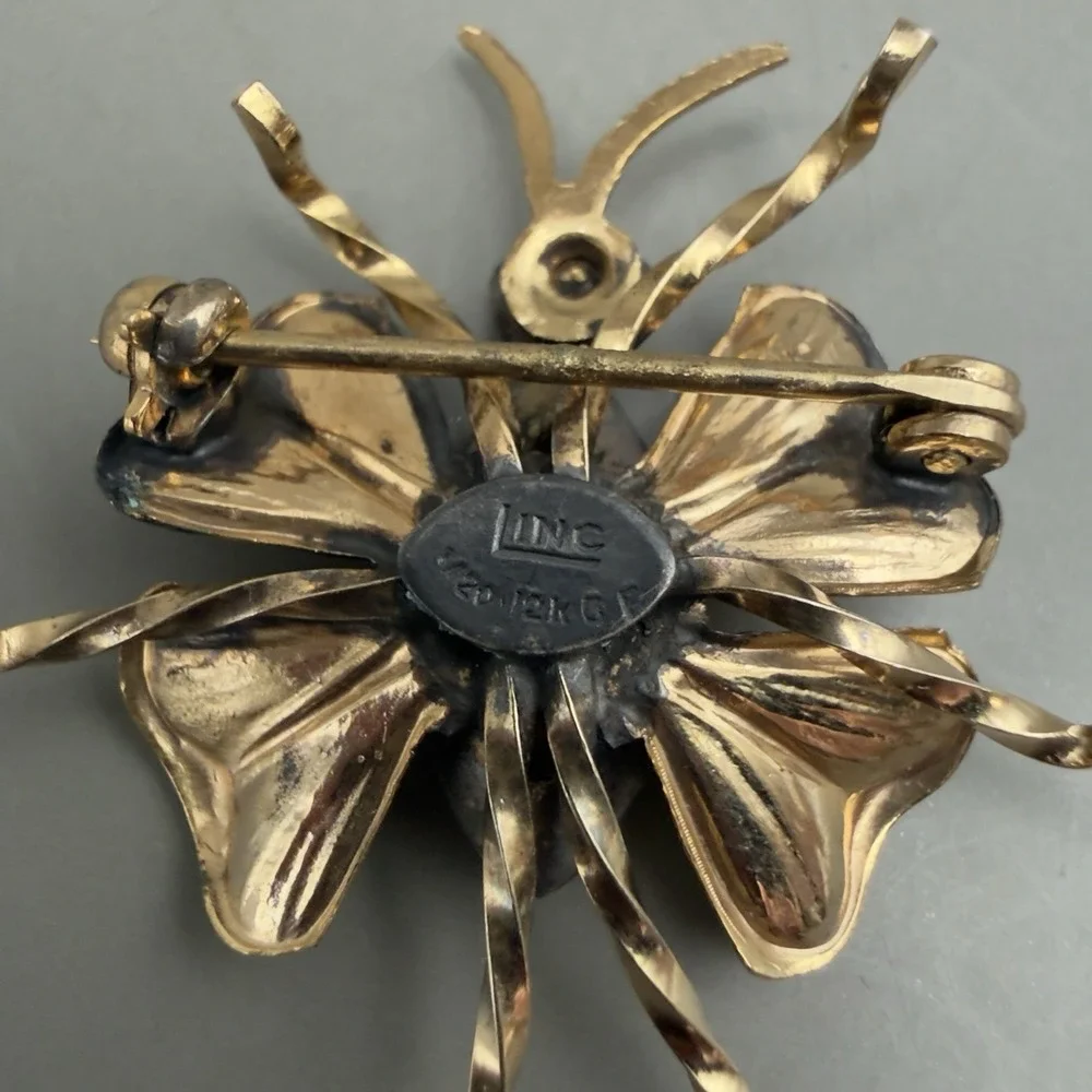 LINC Butterfly Brooch 1/20 12K Gold Filled Red Stone Insect Pin 1.5